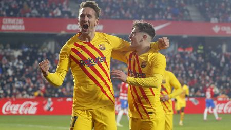 Luuk de Jong celebra el tanto del Barcelona