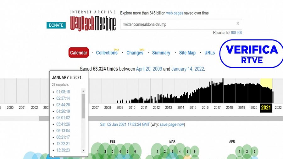 Capturas de mensajes de Wayback Machine con la cuenta de Twitter de Donald Trump, con el sello azul de VerificaRTVE