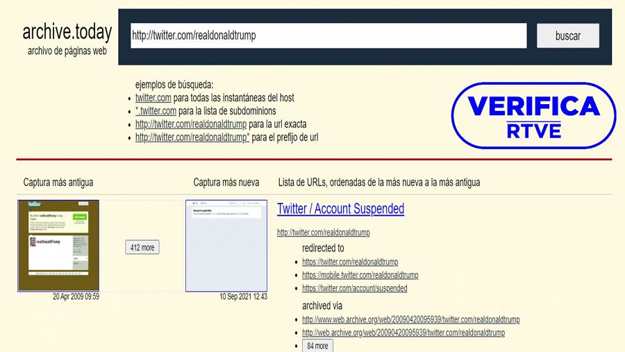 Archive Today muestra sus resultados relacionados con la cuenta de Twitter de Donald Trump, con el sello azul de VerificaRTVE