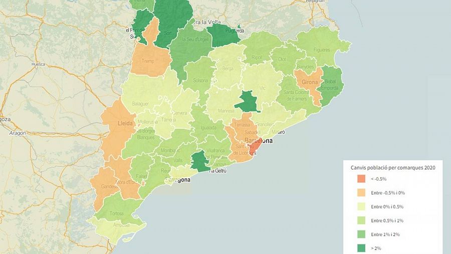 Mapa a nivell comarcal dels canvis interanuals de població 1 gener 2021