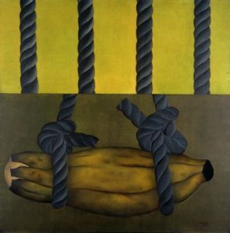 Obra de Antonio Enrique de Amaral consistente en un plátano atado y encarcelado
