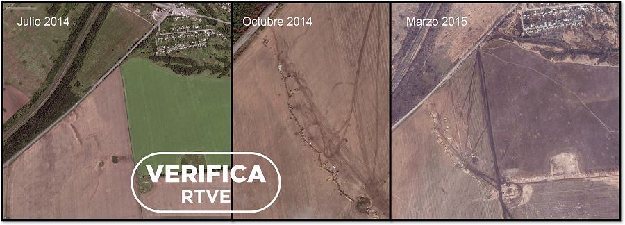 Imagen de un campo de cultivo en Debaltsevo (Ucrania) antes y después de la batalla febrero de 2015, con el sello de VerificaRTVE