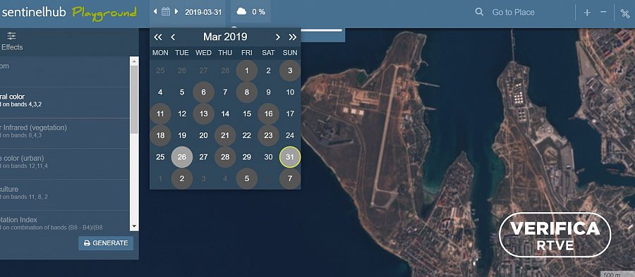 Imágenes de la base naval rusa de Sebastopol de marzo de 2019 en Sentinel Playground, con el sello blanco de VerificaRTVE