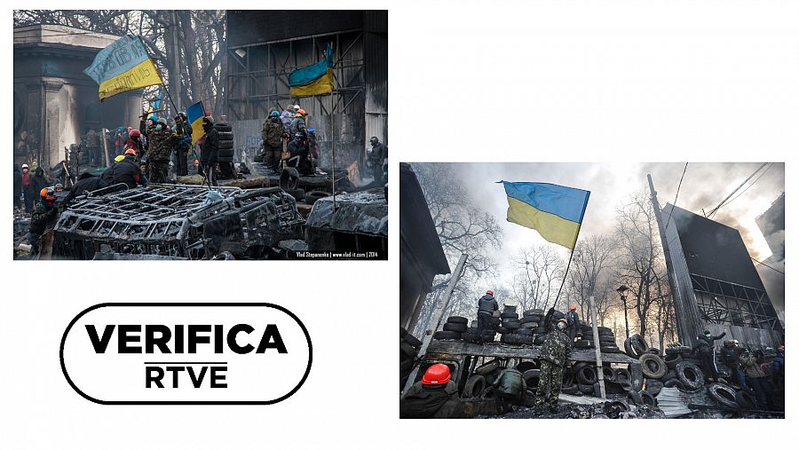 Escenas de Kiev en 2014 de donde parten las imágenes incluidas en el vídeo con el sello VerificaRTVE