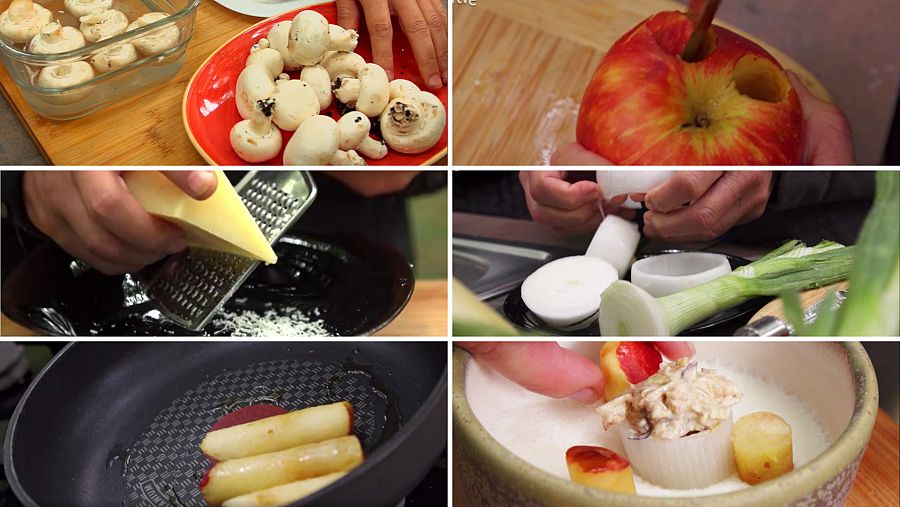 Pasos receta de cuajada con cebolleta y crema de champiñones