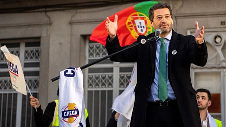 El presidente del partido ultraderechista Chega, Andre Ventura, en un acto electoral en Braga. EFE/EPA/OCTAVIO PASSOS