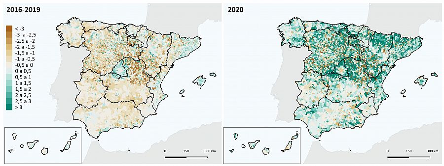 Tasa de migración neta intermunicipal (%): 2016-2019 (promedio) y 2020. González-Leonardo, López-Gay et al. / INE