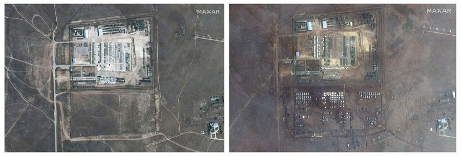 Imagen por satélite que demuestra el aumento de tropas en Crimea desde septiembre de 2021 (izquierda) respecto a febrero de 2022 (derecha)