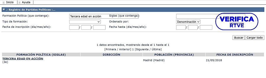 Datos del Registro del Ministerio del Interior que muestran que Tercera Edad en Acción fue registrado en mayo de 2018 en Madrid, con el sello de VerificaRTVE