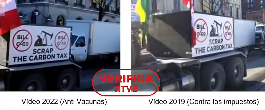 A la izquierda, imágen de un vídeo que dice mostrar la concentración anti-vacunas. A la derecha el mismo camión en otra protesta distinta en 2019 con el sello VerificaRTVE