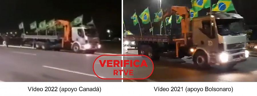 A la izquierda, imágen de un vídeo que dice mostrar el apoyo a la concentración de Otawa en Brasil. A la derecha el mismo camión en otra marcha distinta en un vídeo de 2021 con el sello VerificaRTVE