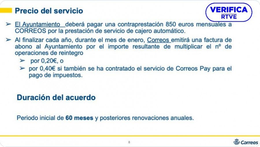 Página del documento con el logo de Correos que dice que cobrará al ayuntamiento 850 euros de contraprestación, con el sello de VerificaRTVE