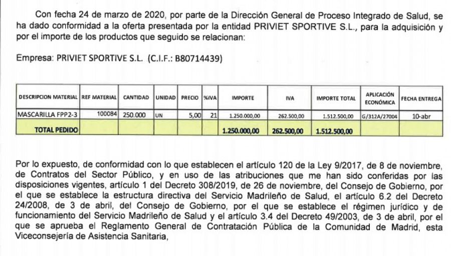 Imagen del contrato con la empresa de mascarillas con la Comunidad de Madrid vinculado al hermano de Ayuso.