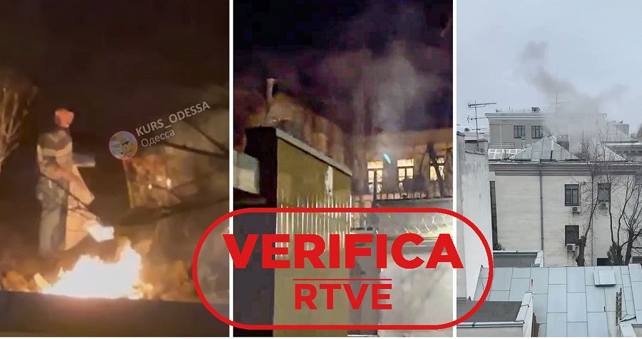 Tres imágenes de humo saliendo de edificios con el sello: VerificaRTVE