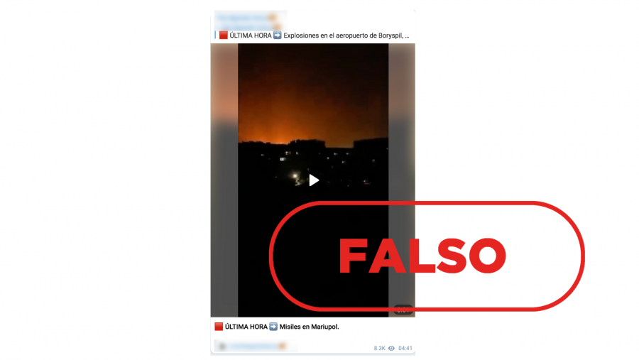 Mensaje de Telegram donde se comparte un vídeo antiguo presuntamente haciendo referencia a una explosión en el aeropuerto de Boryspil, con sello Falso