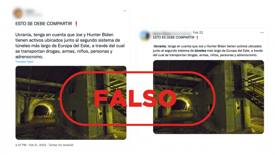 Se muestran dos mensajes de Twitter donde se difunde la falsa idea de que los túneles de Ucrania sson usados para realizar actividades delictivas, con el sello Falso