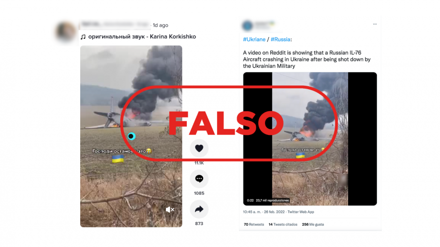 Mensajes de redes sociales que difunden un vídeo de un avión ruso derribado por ucranianos, con el sello Falso