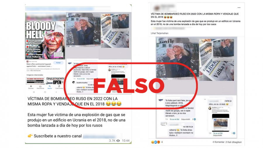 Mensajes de redes sociales que difunden la falsa idea de que esta imagen de una mujer herida no es actual, con el sello Falso