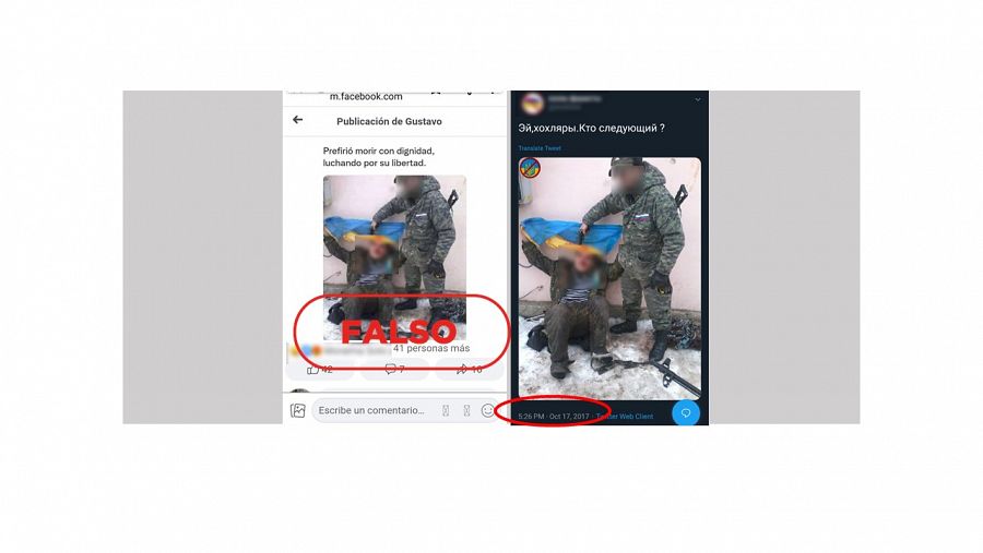 Composición con la fotografía en Facebook con el sello: Falso y la imagen antigua con la fecha rodeada en rojo