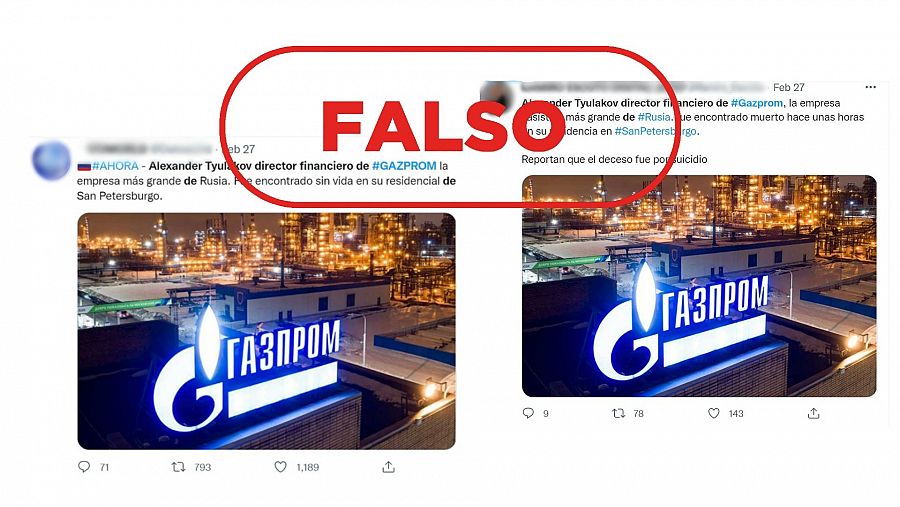 Mensajes de Twitter que dicen que ha aparecido muerto el director financiero de Gazprom, con el sello Falso en rojo de VerificaRTVE