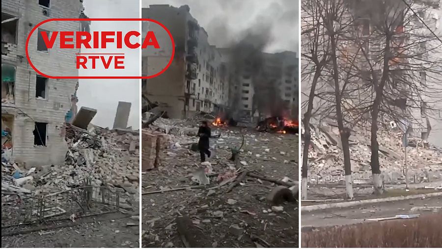 Capturas de varios vídeos en las que se ve la destrucción en Borodyanka, Ucrania con sello Verifica