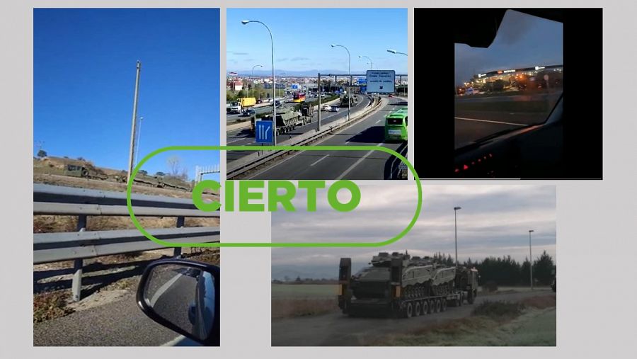 Composición de cuatro capturas de vídeos con vehículos militares en carreteras españolas con el sello: Cierto