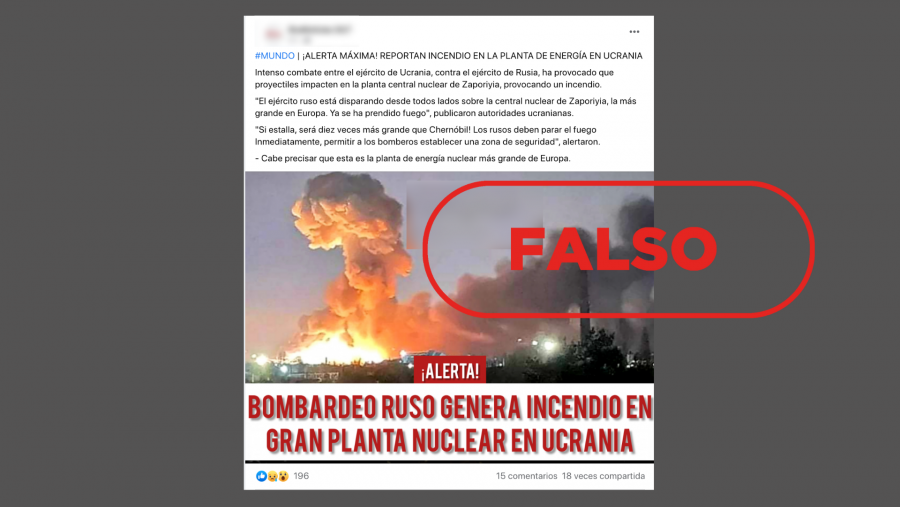 Mensaje de Facebook con una imagen de la supuesta explosión de la central nuclear, con el sello Falso