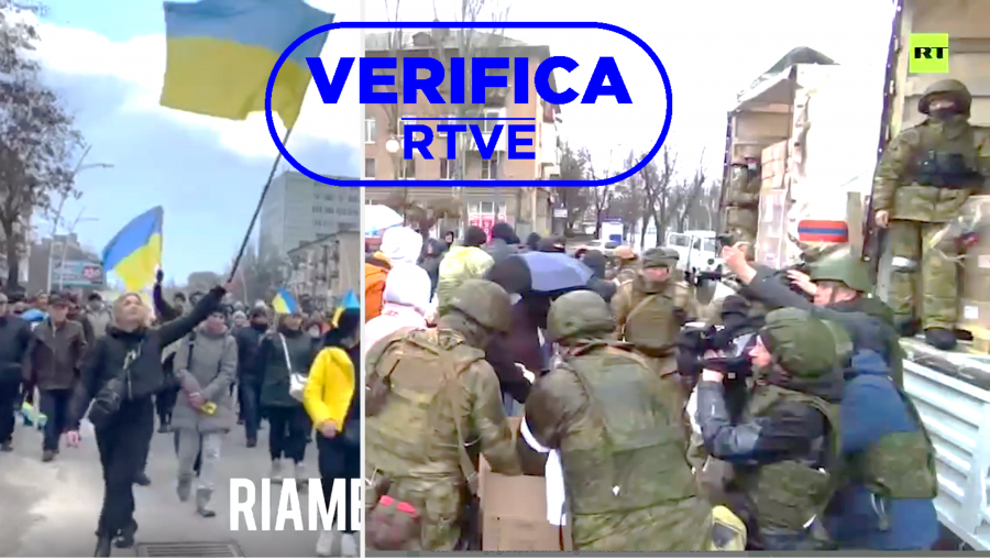 Melitopol: Reparto de comida y protestas en la calle contra la invasión rusa. Sello Verifica