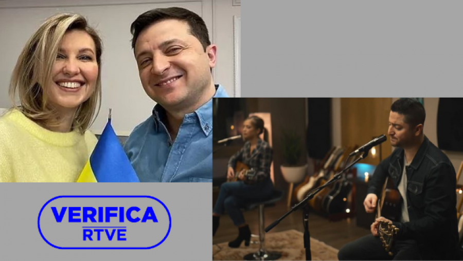 A la izquierda, Zelenski junto a su mujer Olena Zelenska y a la derecha los cantantes Alejandro Manzano y Connie Talbot con el sello VerificaRTVE