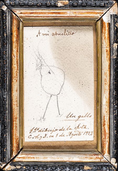 «A mi abuelillo. Un gallo». Dibujo de Carmen Laforet enmarcado por su abuelo (1923)