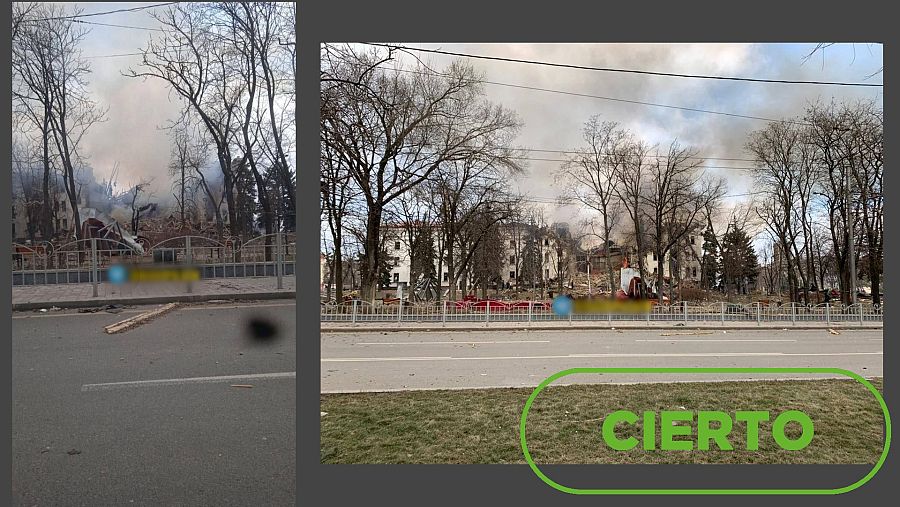 Imágenes ciertas de ataque al Teatro Dramático de Mariúpol con el sello VerificaRTVE