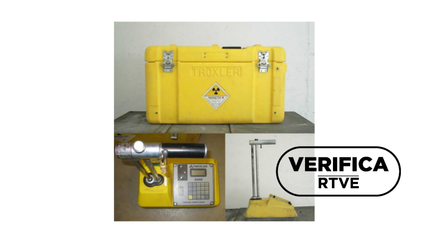 Imagen de un maletín amarillo de la empresa Troxler, con el sello VerificaRTVE