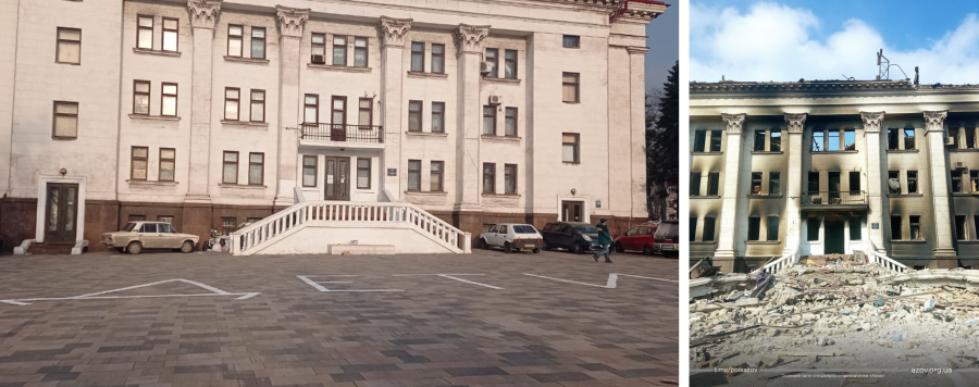 Imágenes del Teatro de Mariúpol el día anterior y después del ataque. A la izquierda se observa la palabra niños escrita en ruso en el suelo
