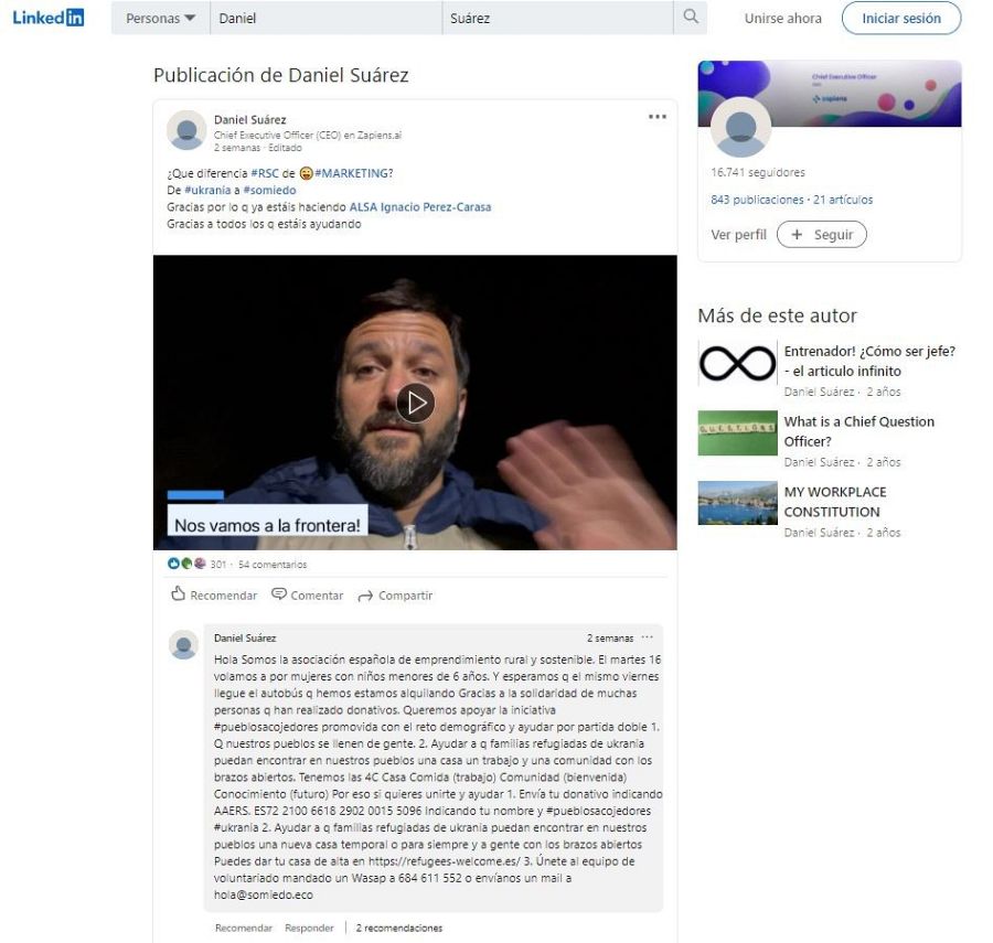 Mensaje del emprendedor de Somiedo, Daniel Suárez, en LinkedIn