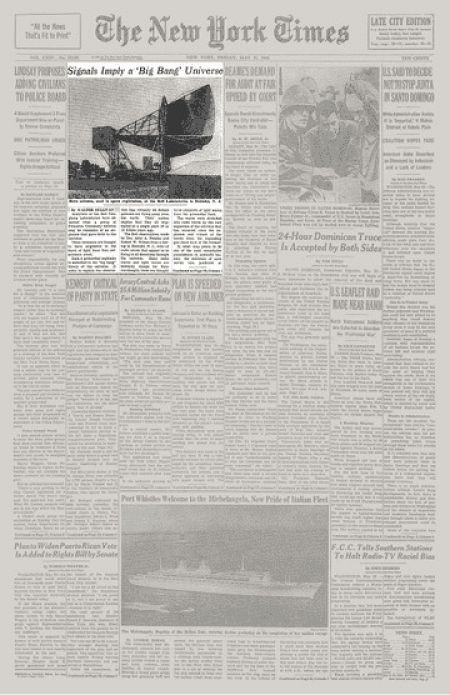 Artículo del New York Times publicado en el año 1965 de Big Bang