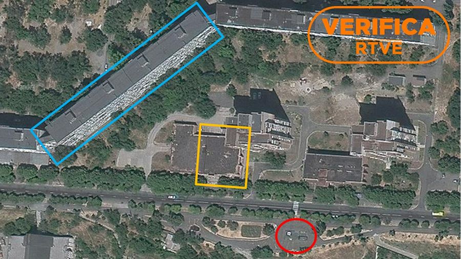Imagen del mapa satélite de Yándex de una zona de Livoberezhnyi, en Mariúpol con el sello VerificaRTVE