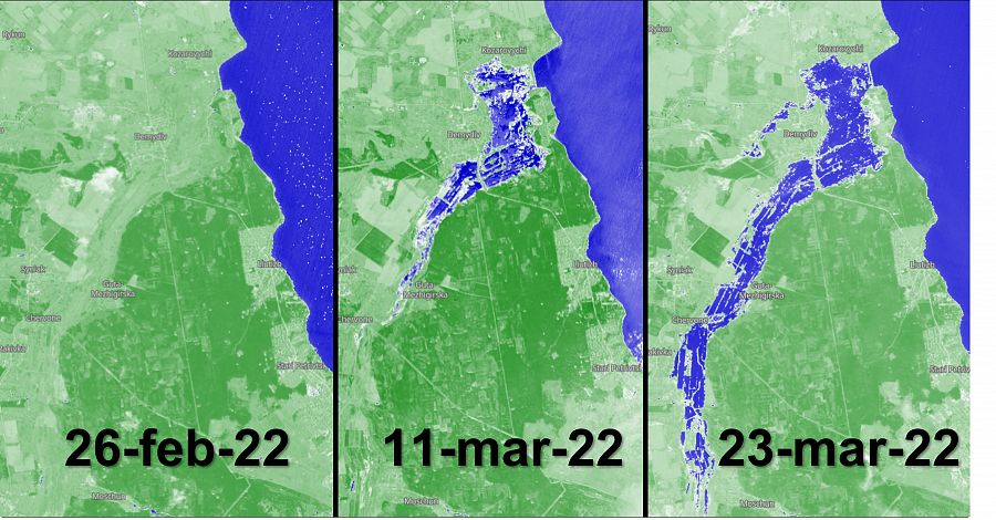 Evolución de la inundación al norte de Kiev en marzo