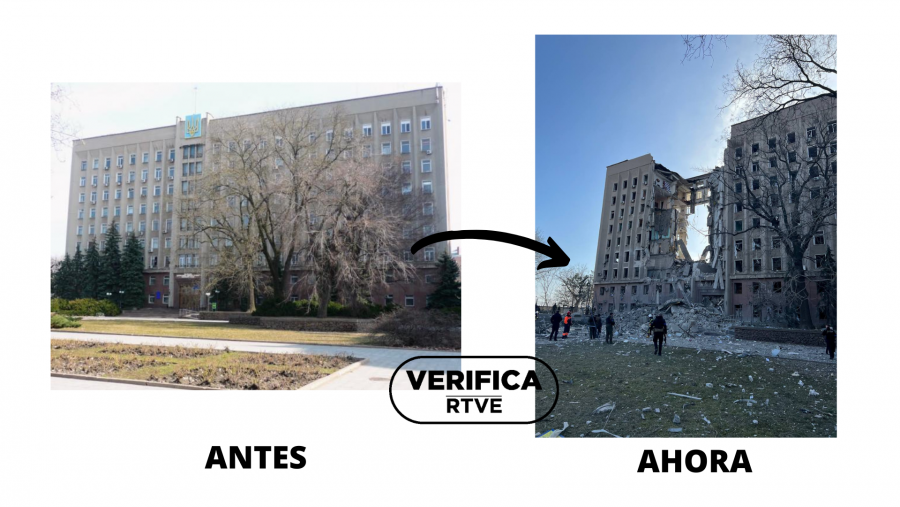 Dos imágenes que muestran  el antes  el después del bombardeo en el edificio de la sede regional en Mikolaiv, con el sello de VerificaRTVE en negro.