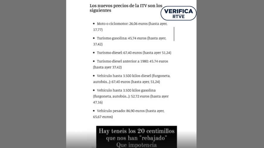 Tabla que hace referencia a los precios de la ITV en la Comunidad Valenciana y no en toda España, junto con el sello de VerificaRTVE en negro.