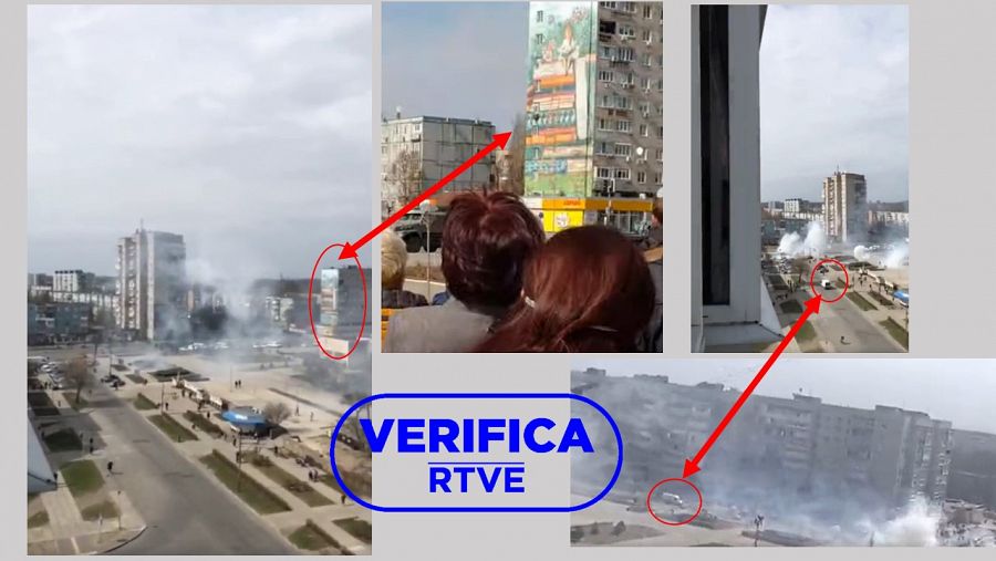 Imágenes que reflejan las coincidencias que presentan varios vídeos del suceso con el sello: VerificaRTVE