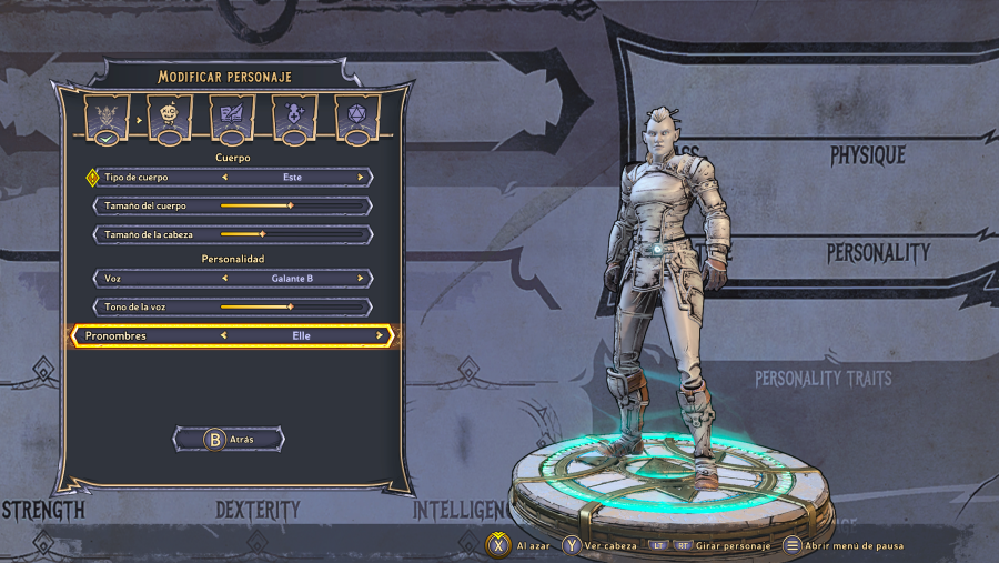 Pantalla de personalización del personaje