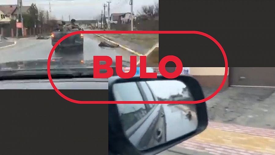 Fragmentos del vídeo en coche que recorre las calles de Bucha con el sello bulo