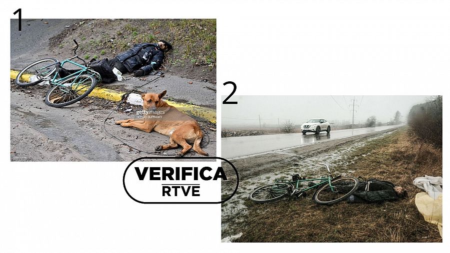 Ímágenes distintas que muestran a una persona muerta junto a una bicicleta en Bucha, con el sello en negro de VerificaRTVE