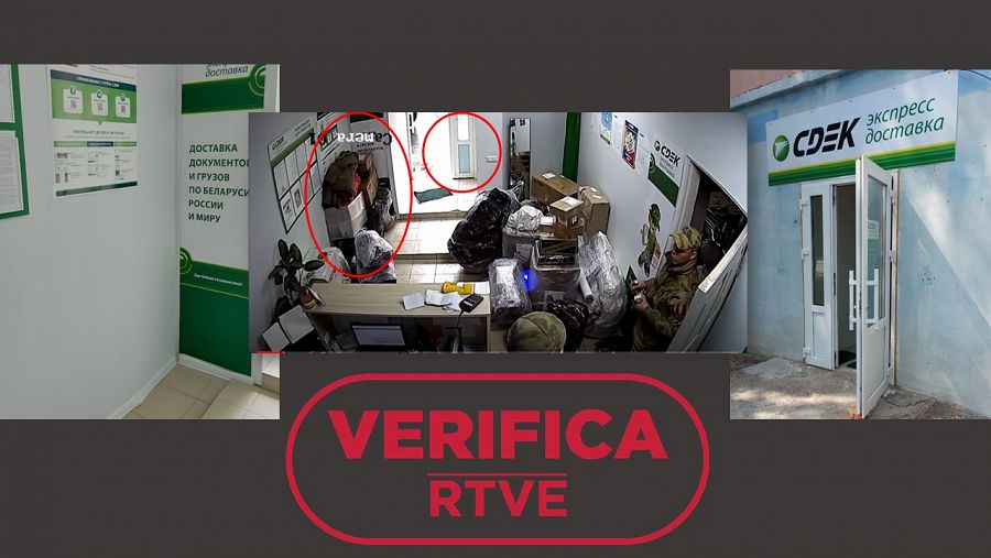 Comparación de imágenes que nos permite demostrar que el vídeo está grabado en CDEK en Mazyr, Bielorrusia con el sello VerificaRTVE