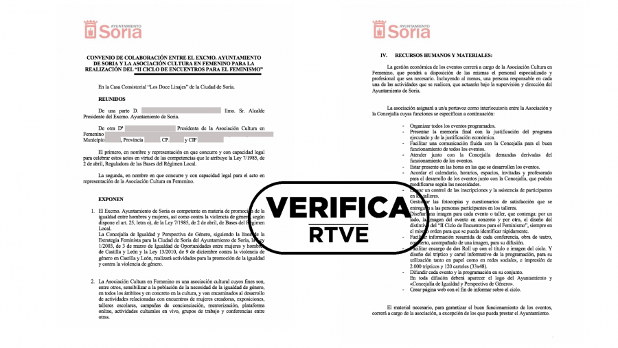 Dos páginas del convenio creado para el 'II Ciclo de Encuentros para el Feminismo' con el sello VerificaRTVE en negro