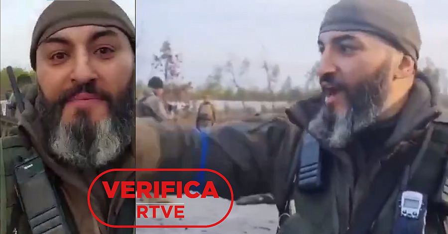 Imagen del mismo uniformado con brazalete ucraniano que habla desde el lugar de los hechos en capturas de dos vídeos diferentes