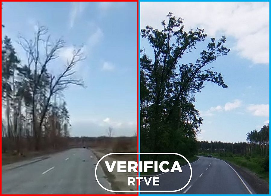 A la izquierda, un fragmento del vídeo. A la derecha, una imagen de la localización de Google Maps con varios árboles en posición idéntica respecto al plano y la carretera.