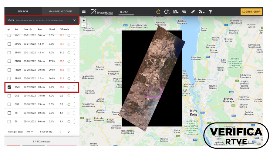 Imagen captada el 19 de marzo por el sátelite WV03 en Bucha, con el sello de VerificaRTVE en negro.