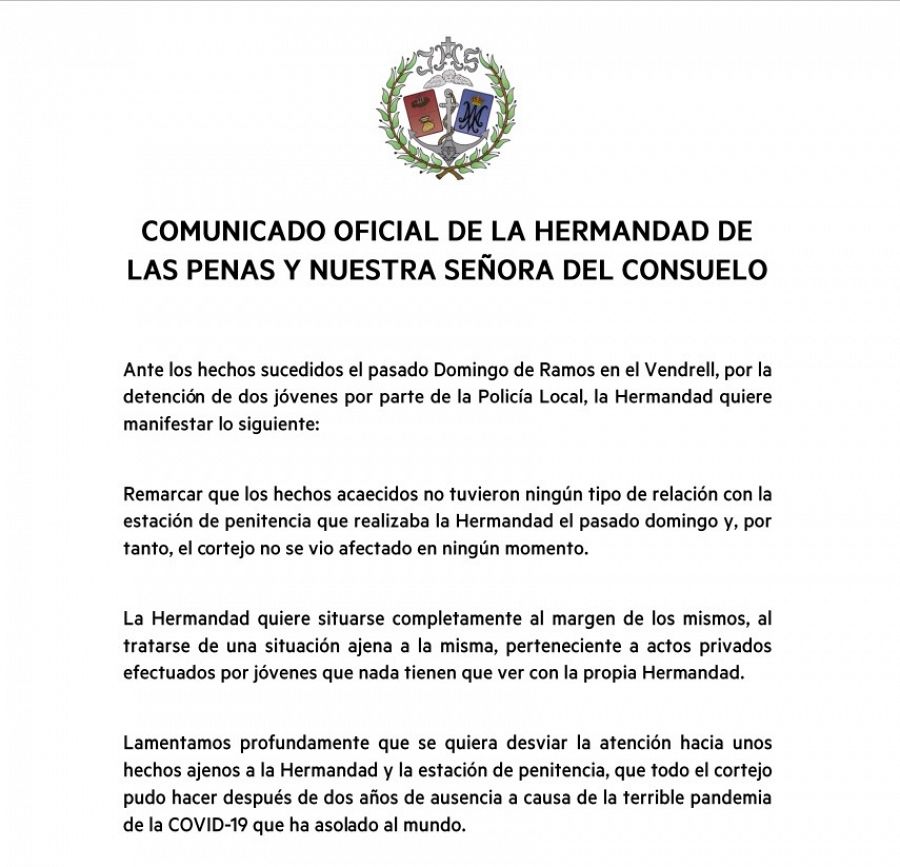 Comunicado de la Hermandad de Las Penas de El Vendrell