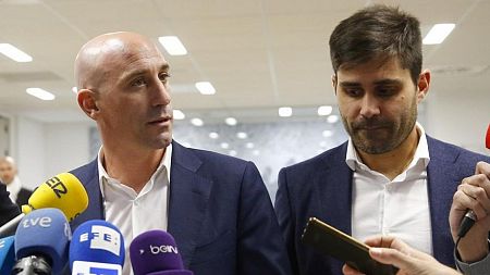 Luis Rubiales, presidente de la RFEF, David Aganzo, presidente de AFE, en una imagen de archivo.